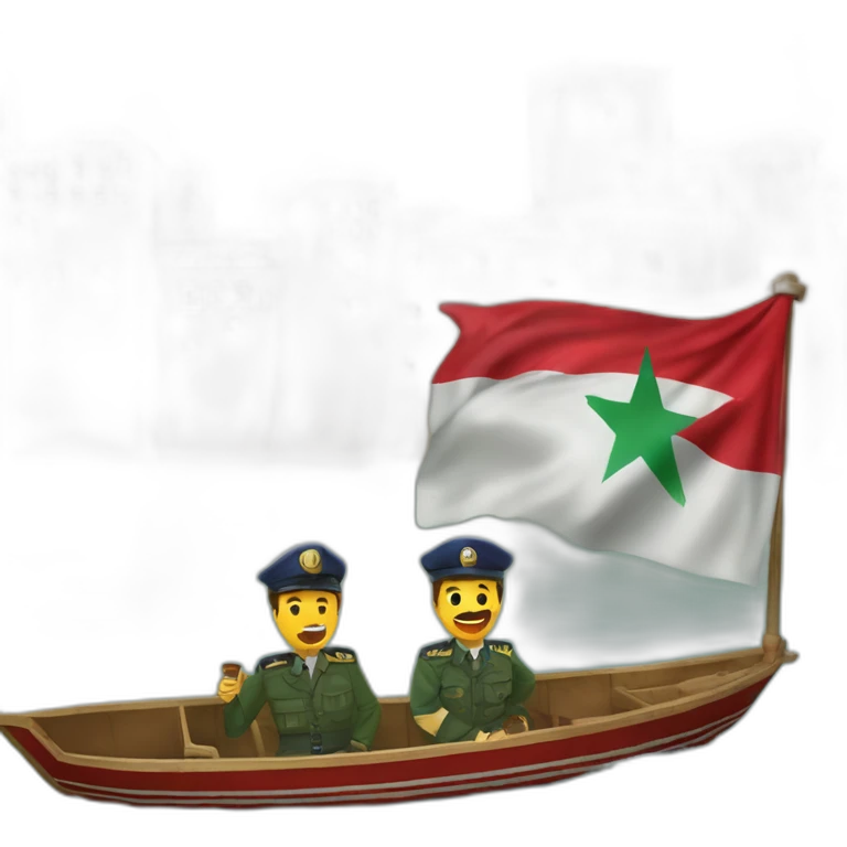 Marocains dans un bateau pneumatique avec drapeaux du Maroc et la police dans un bateau à l'arrière les coursant emoji