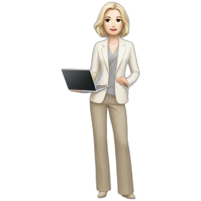 pale skin woman with ash blonde Straightened bob Hair, White Spacious classical jacket, beige palazzo Arrow pants and gray blouse holding a MacBook in the hands emoji