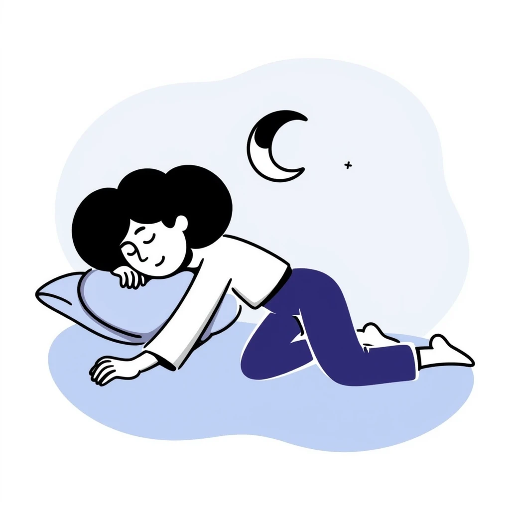 A person with closed eyes sleeping peacefully with a small crescent moon nearby. Warm, calming colors with blues and purples. Simple hand-drawn doodle style. emoji