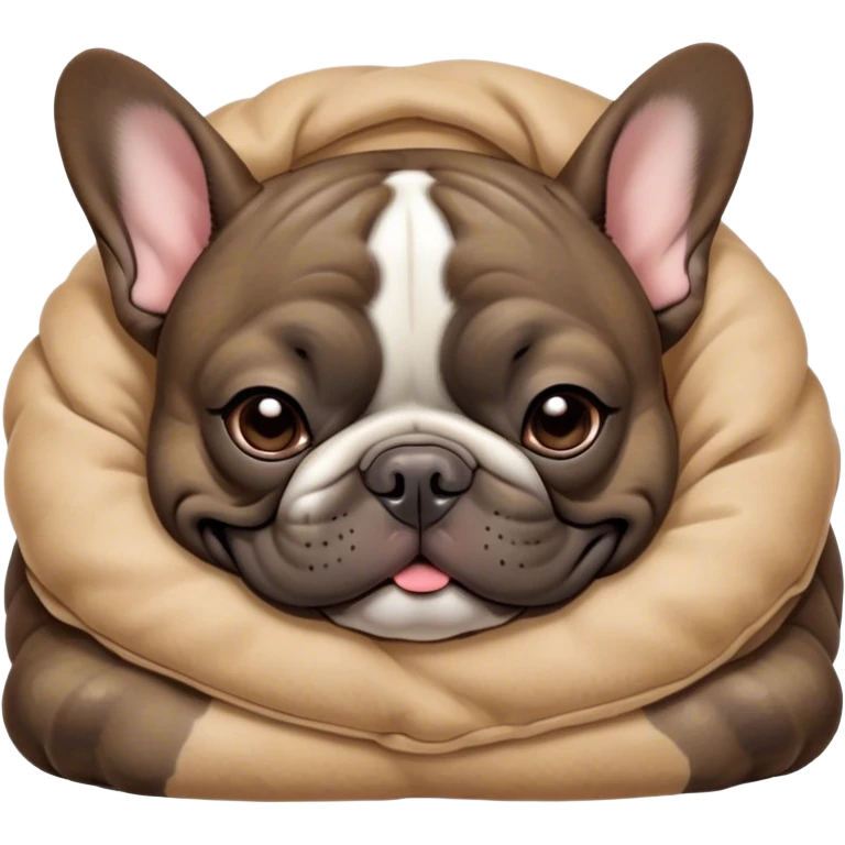 Cinematic Meme-Worthy Chubby Sleeping Brindle French Bulldog Portrait Emoji, Head resting peacefully with a contented smile, showcasing a delightfully chubby build and a luxuriously soft brindle coat with subtle fawn highlights, eyes shut in a serene nap, Simplified yet hilariously adorable features, highly detailed, glowing with a soft, drowsy light, high shine, relaxed and utterly lovable, stylized with an air of playful laziness, bright and heartwarming, soft glowing outline, capturing the essence of a comically sleepy companion, so meme-worthy it feels like it could instantly become the next viral sensation of adorable slumber! emoji