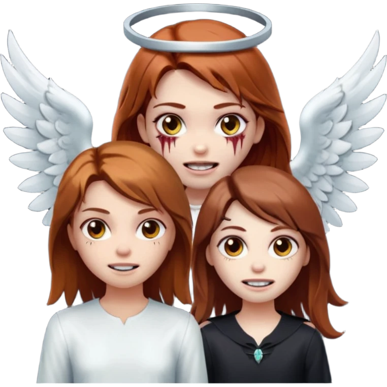девушка ангел с нимбом и крыльями, с рыжими прямыми волосами по плечи, с улыбкой, стоит рядом с девушка зомби с темными длинными прямыми золосами, со злым выражением лица и ровными белыми зубами в стиле Apple avatar emoji