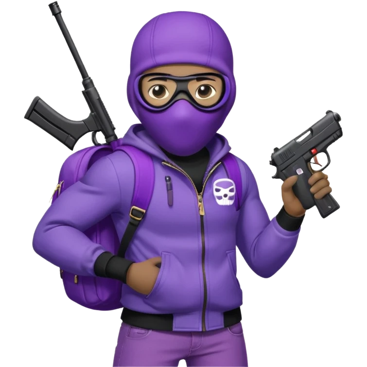 YN wearing a ski mask, holding a gun, purple jeans, Sprayground bookbag, confident stance emoji
