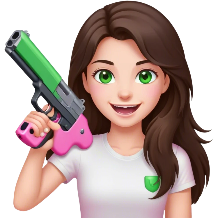 maniacally laughing long haired brunette girl with green eyes in a white tshirt holding pink gun emoji