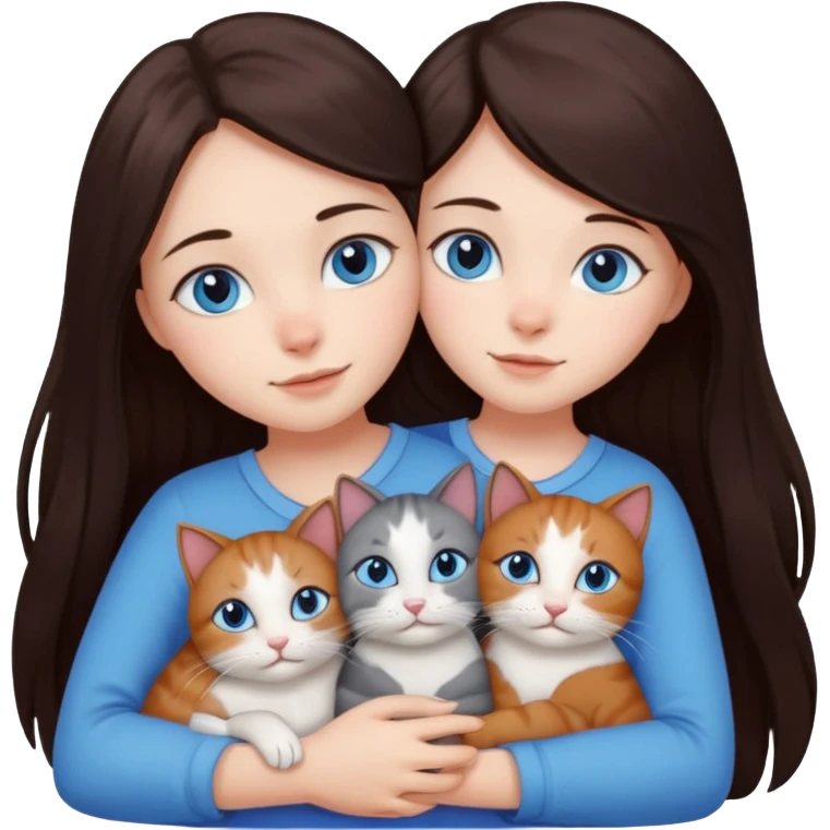 a girl with long dark 
brown hair, with blue eyes, hugs 3 different natural coloured cats emoji
