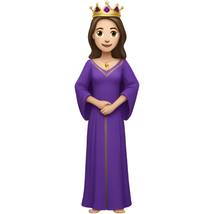 Caucasian long brunette woman wearing formal royal purple robes and a crown whose face shows love and adoration to the man she adores  emoji