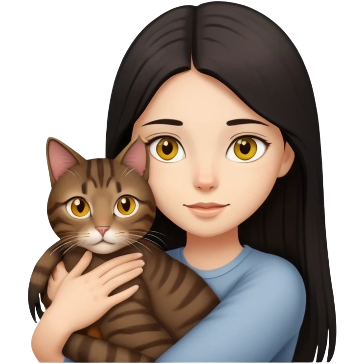 Girl with black long straight hair brown eyes hugging a brown tabby cat yellow eyes emoji