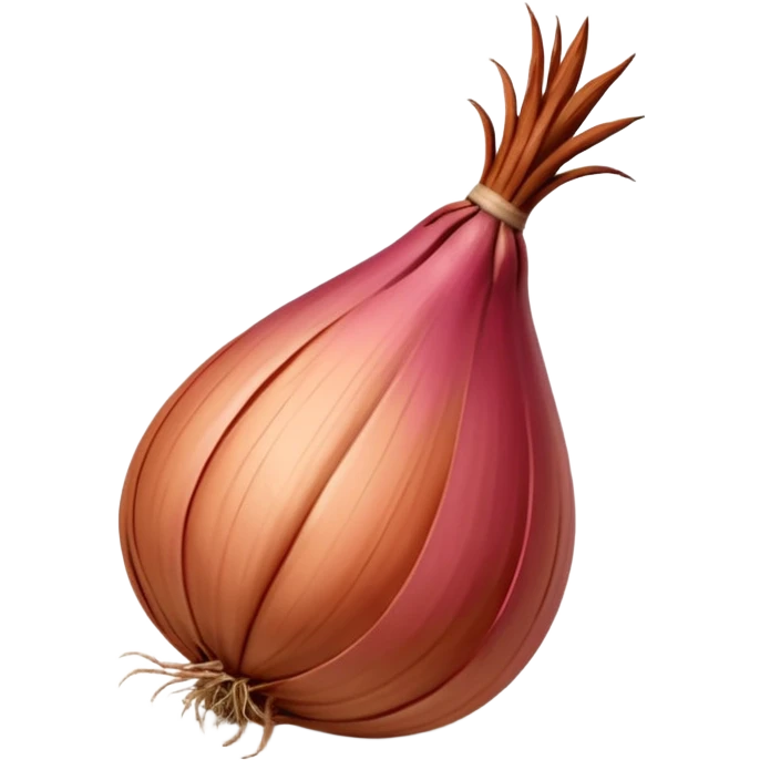 whole shallot, unpeeled, teardrop shape, bulbous base, tapered top, smooth papery skin, rosy copper or reddish-brown, natural striations, glossy, dried stem, dry root strands, 3D clean style, no faces, transparent background emoji