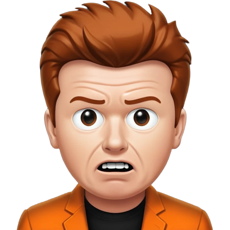 Mirrored Rick Astley with a kinda worried face, but only his front teeth are sticking out, the background is pitch black, Mirrored Rick Astley is orange as hell, except his face is dark orange, and his clothes are orange emoji