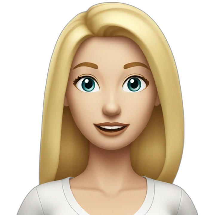 hyperrealistic caucasian long blonde woman white v-neck top gray tight mini skirt walking to camera emoji