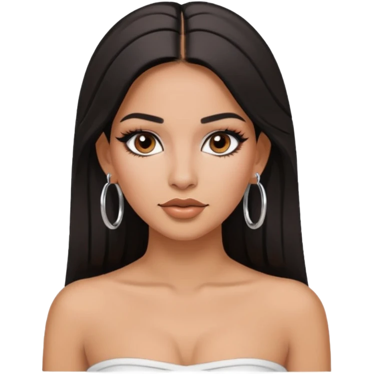 latina makeup olsun, saçları düz, halka küpeler taksın. takıların hepsi gümüş rengi olsun halka küpeler ve kolye dahil. makyajı ağır olsun ve beyaz bir Bandeau top kıyafet giyisin emoji