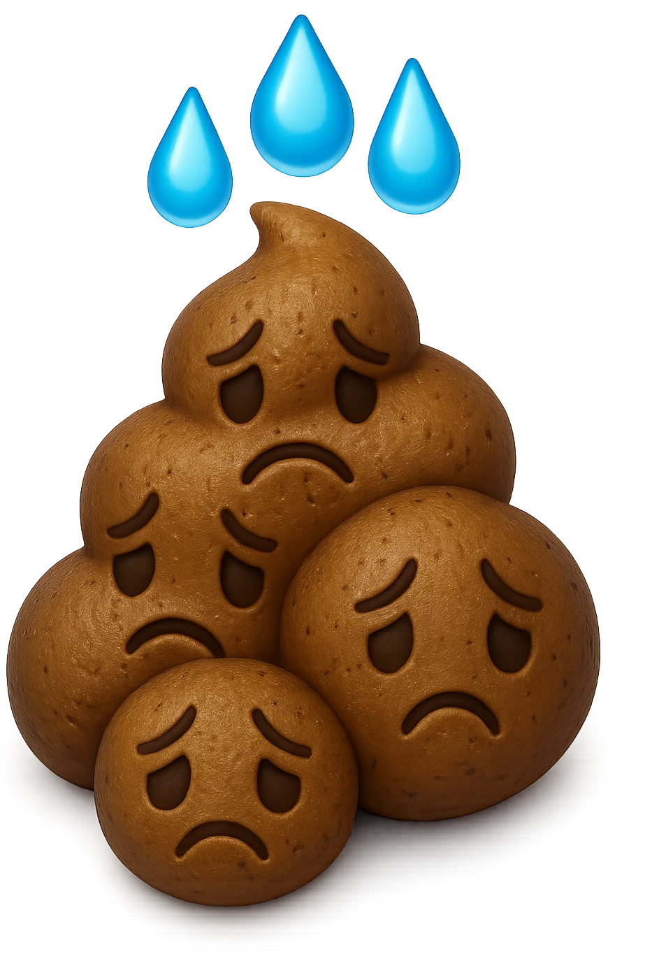 emoji stile iphone di una montagnetta di feci umane realistiche a palline tristi con sopra un simbolo delle gocce di acqua, iperrealistico 4k emoji