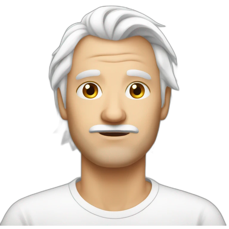 Insecure european shaved guy in his fifties with mid long white hair wearing a shirt emoji