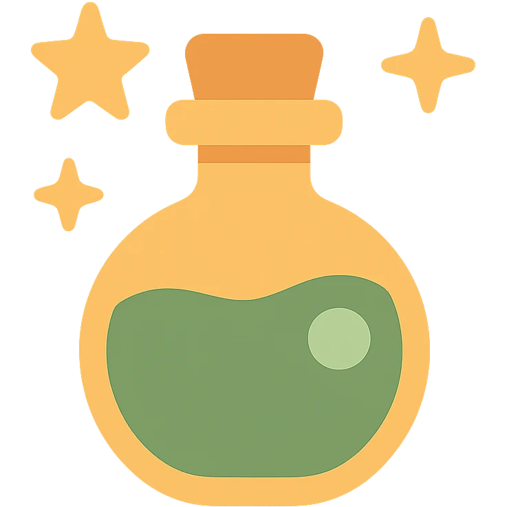 cute magic potion bottle with stars shining aroundв таких цветах FA9B41, 4A7C5C,  emoji