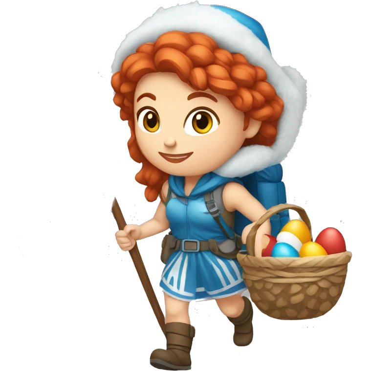 Greek Female winter mountaineer red hair white skin climbing with Greek Flag and Easter eggs basket emoji