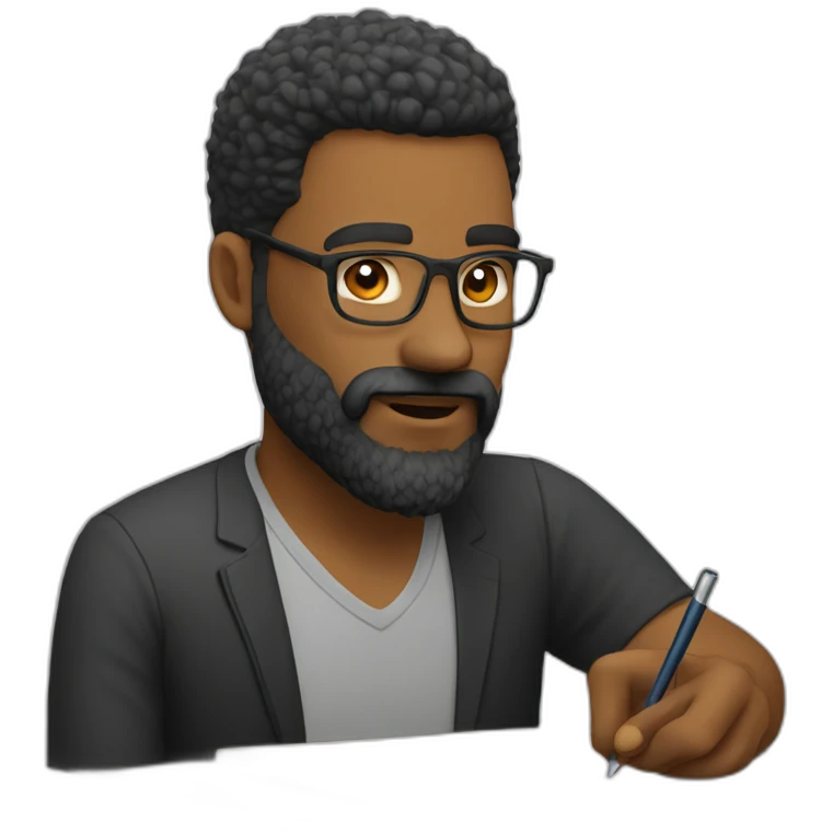 Bold man with beard is writing emoji