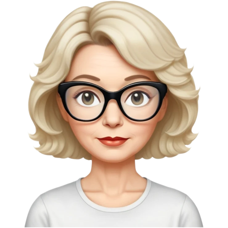 white woman about 50 years old with light warm skin, wide face, wavy black neck-length 80s short hair, low volume, neutral expression, large black shiny butterfly or cat-eye glasses, white casual t-shirt emoji