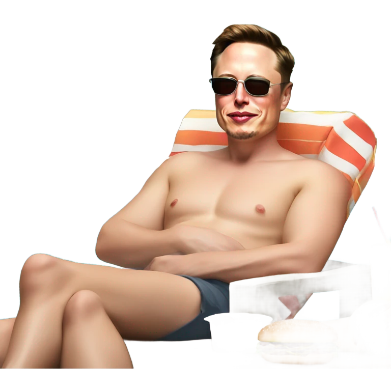 Photo realistic, Elon Musk eating sloppy wet, hamburger meat very messy at the beach by the pool, lounging and sun tanning emoji