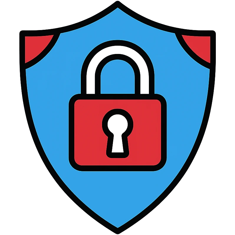 IT security emblem icon featuring a shield with a suspended padlock, vibrant energetic blue #02aff4 as the primary color, deep bold red #ee1b24 accents for alertness and robustness, clean white background, highly legible, detailed, icon style emoji