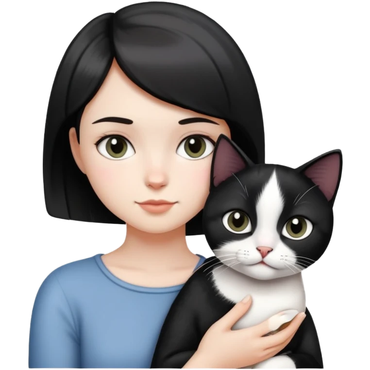 A short-haired girl holding a black and white cat emoji
