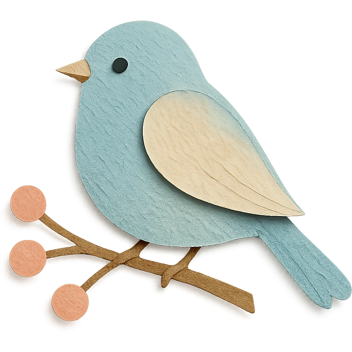 pastel bird perched on a branch with berries, soft blue and cream tones, paper craft style emoji