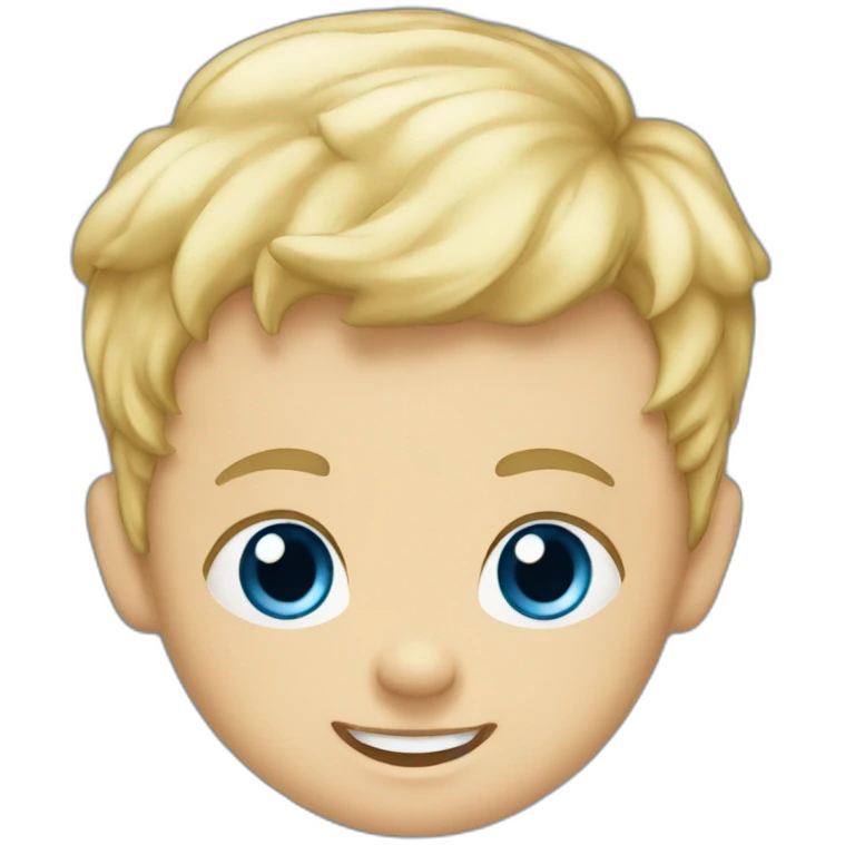 A baby boy with blonde hair, blue eyes and a blue t-shirt and with teeth emoji