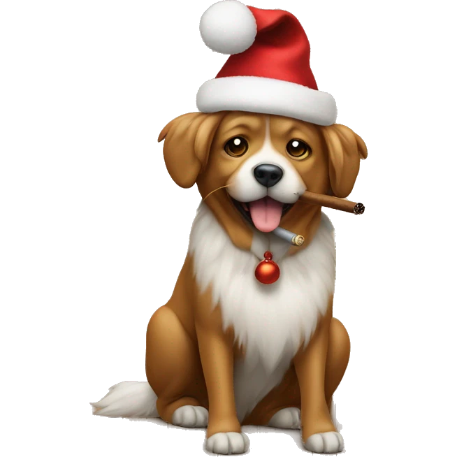 fluffy dog on wooden floor wearing Christmas hat smoking a cigar emoji