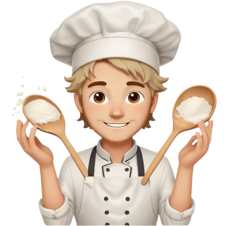 Attractive chef boyfriend with messy apron, tousled hair, playful smile. flour on cheeks, romantic emoji