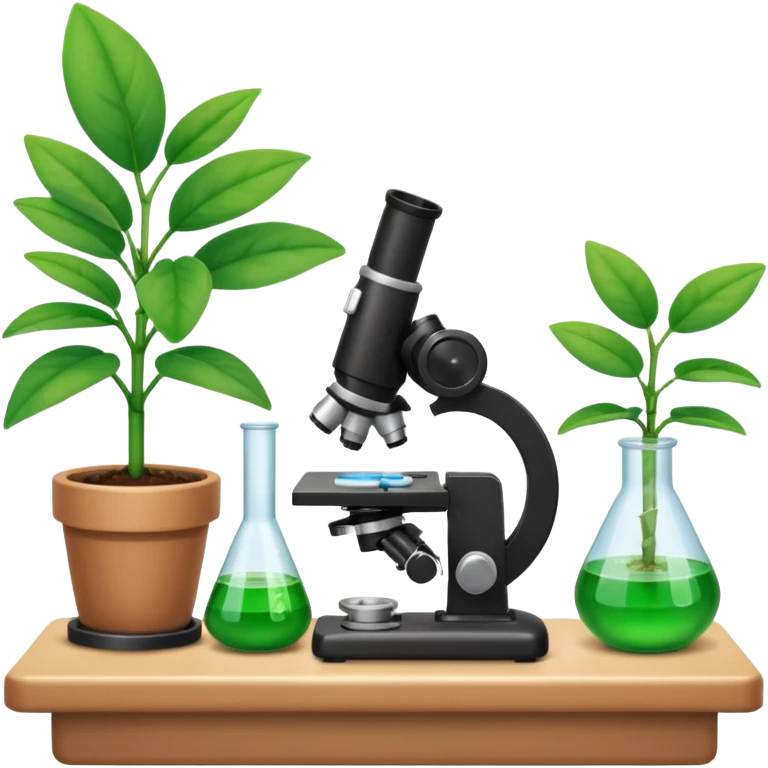 FA 3D cartoon science lab table with test tubes, microscope, and a small potted plant, green leaves under bright light, clean background, realistic Memoji-style rendering. emoji