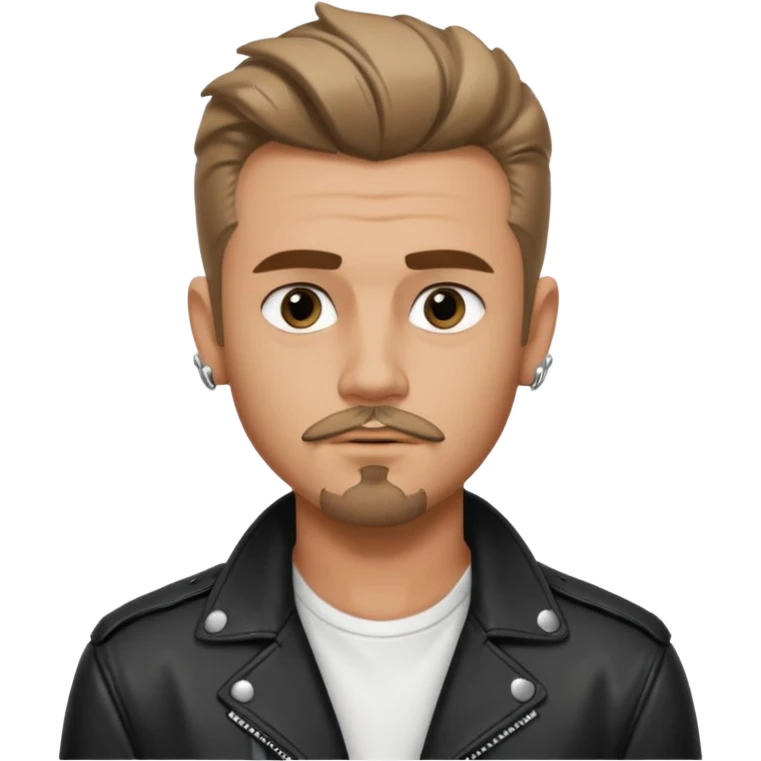 guy with slick James dean hair with front tendrils, mustache and goatee facial hair, wearing a white shirt and a black leather jacket , several silver piercings in ear emoji