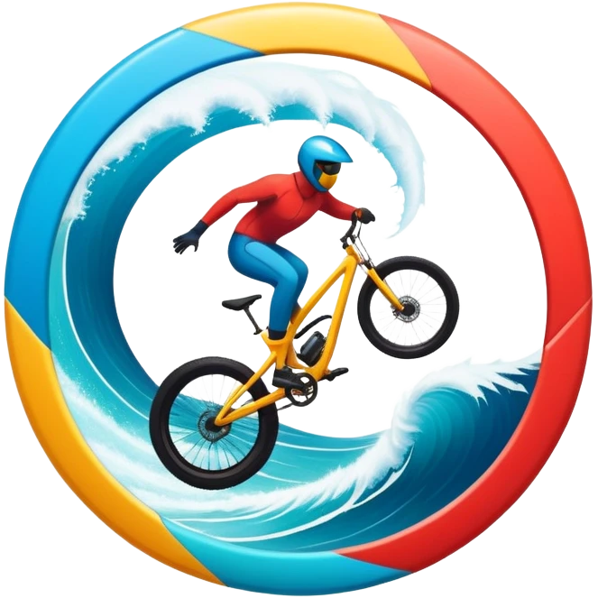 A bold, dynamic emblem combining elements of extreme sports like a mountain, a bike, surfing, ocean and a parachute, all within a circular or shield-like shape. The design conveys speed, adventure, with sharp lines and vibrant colors representing the thrill and intensity of extreme sports. emoji