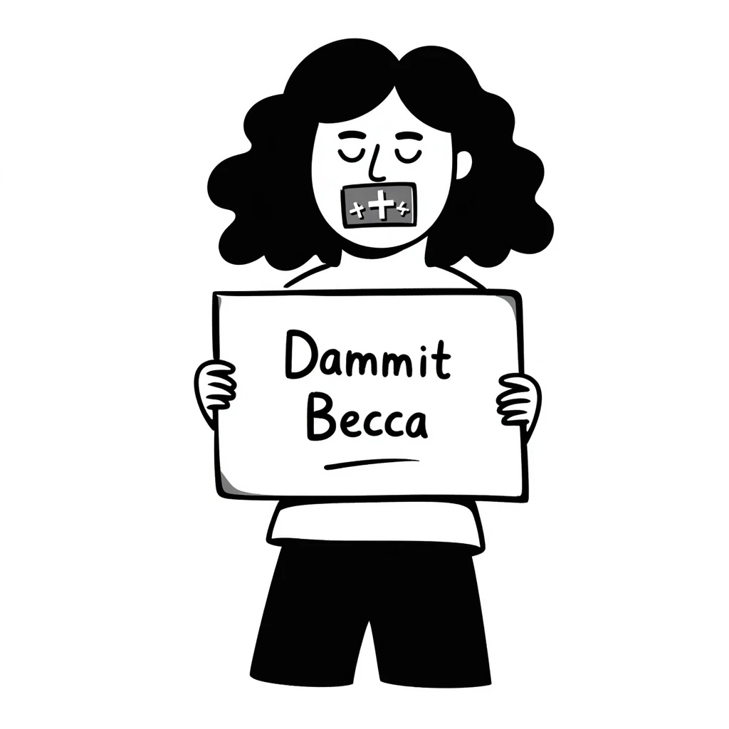 hand-drawn doodle of a face with symbols over the mouth, holding a protest sign that says 'Dammit Becca' emoji