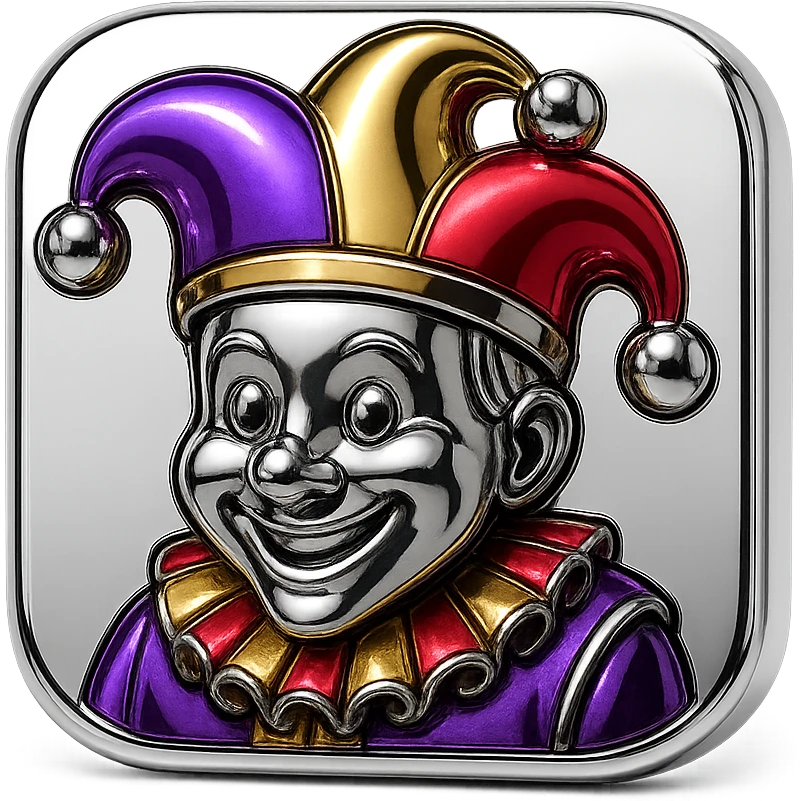 crazy colorful cute little cat jolly joker from poker, medieval, vintage, court jester, mac os icon, purple, gold and red color, half body. Squared shape as 3D mac os icon emoji