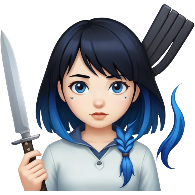 A girl with black hair and blue roots, a bang, holding a knife  emoji