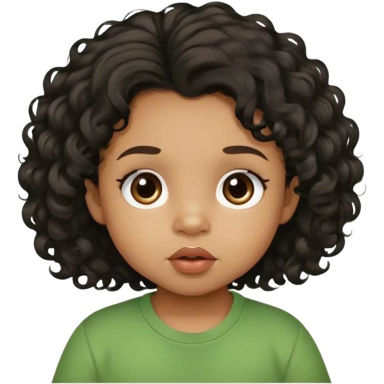 light brown skin tone, very adorable toddler, with big plump lips, long long lashes, black curly hair, middle hair parting, brown eyes, green shirt emoji