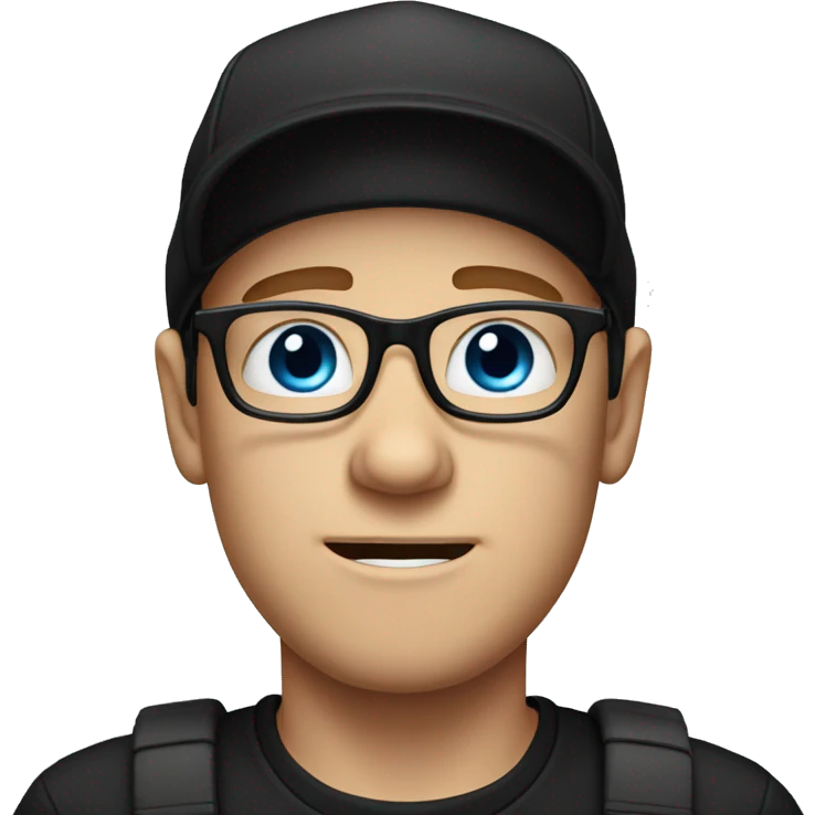 White male wearing glasses and black cap in a black t-shirt and blue eyes crying emoji