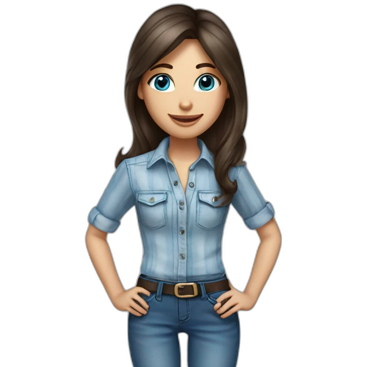 brunette girl with sky blue eyes in streaky shirt an jeans emoji