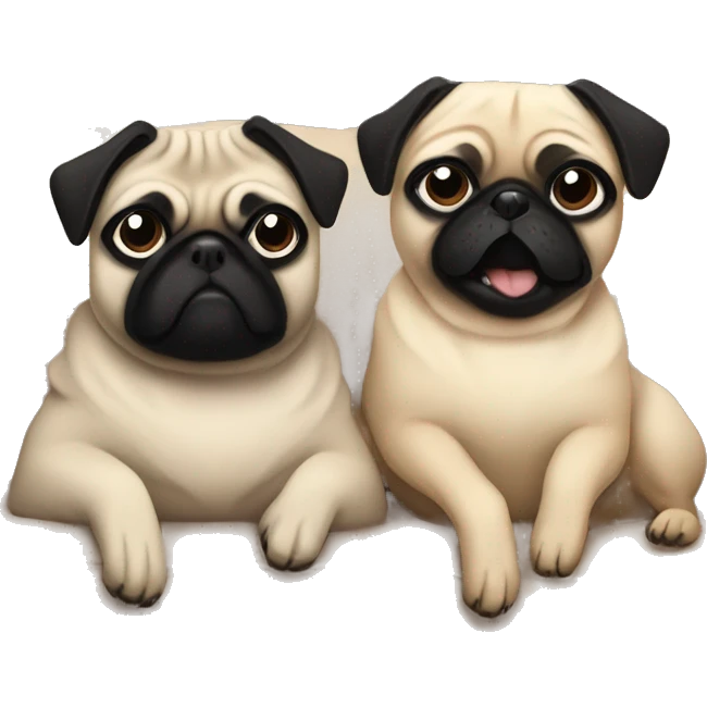 Two pugs , one beige , one black, all cozy lounging on the couch. Winter cozy girly aesthetic emoji