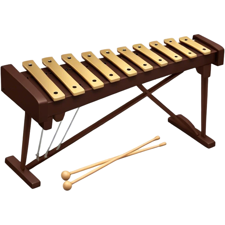 Create a detailed and professional emoji representing a Fleet FLT-SX37 orchestral wooden xylophone. The design should showcase the large, wooden bars of the xylophone arranged in a traditional layout, with a polished, smooth finish. The bars should be dark brown or mahogany, with soft metallic reflections on the resonators underneath. Include two mallets with rubber or wooden heads resting on the bars, emphasizing their role in striking the notes. The xylophone should have a sophisticated and professional appearance, with clean lines and a polished look. Add subtle musical notes or sound waves to represent the vibrant sound produced by the instrument. The background should be transparent. emoji