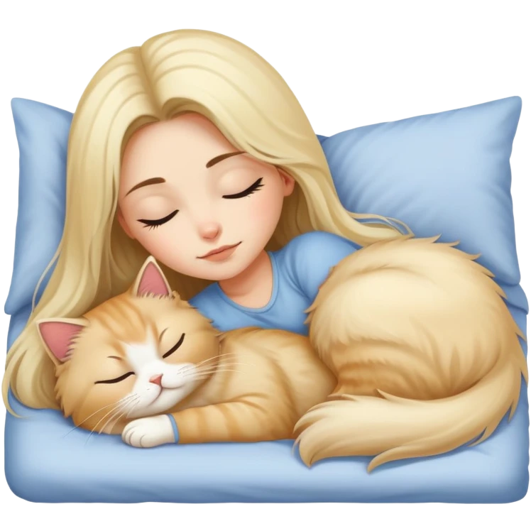 pretty girl with dark long hair sleeping with blonde fluffy  persian cat in bed emoji