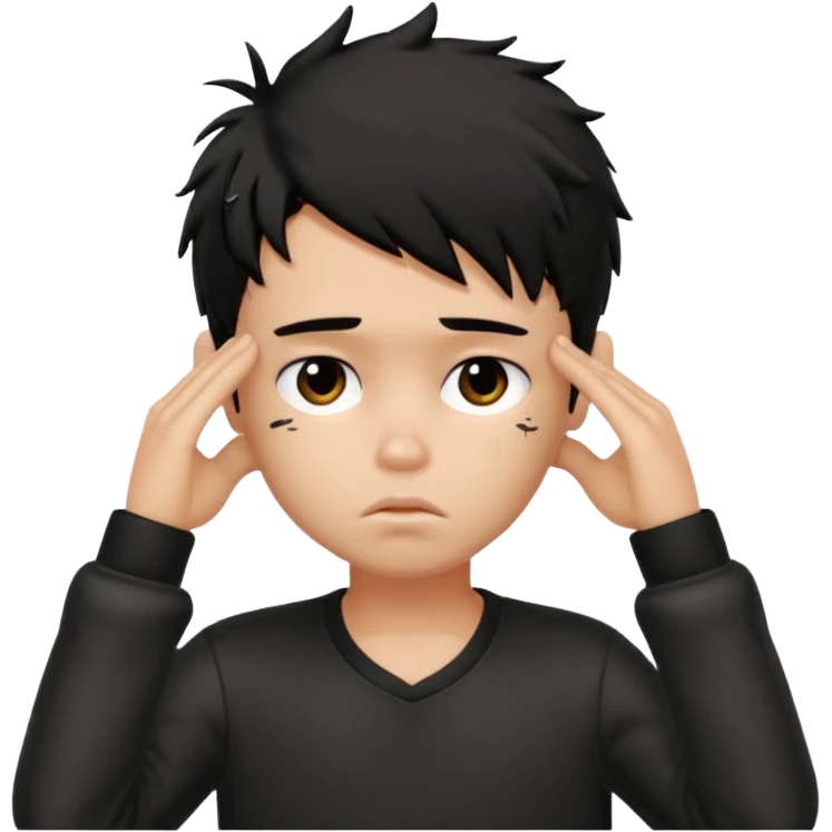 a PRETTY BRATZ boy with black messy hair, one hand on head. looking sad emoji