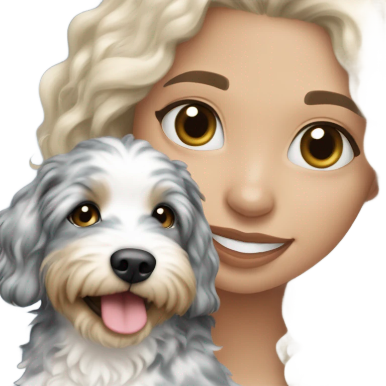 Blonde girl holding blue Merle aussiedoodle  emoji