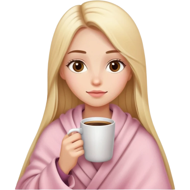Long blonde straight hair girl drinking coffee, almond dark brown eyes, soft pink blanket emoji