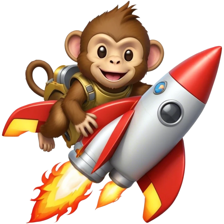 punk colorful fur laughing monkey flying in a rocket with fire emoji