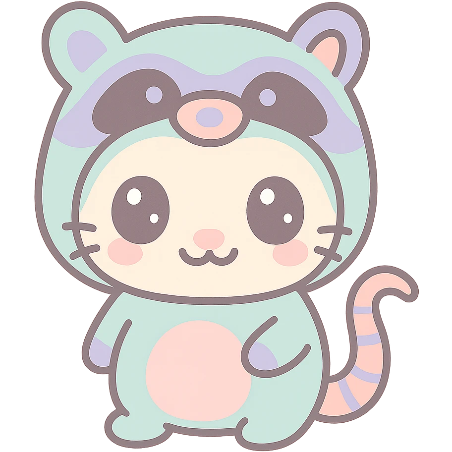 cute cartoon possum dressed up like a raccoon, kawaii style emoji