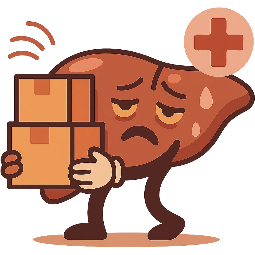 cartoon liver carrying boxes, tired face, healthcare icon, soft red and brown tones emoji