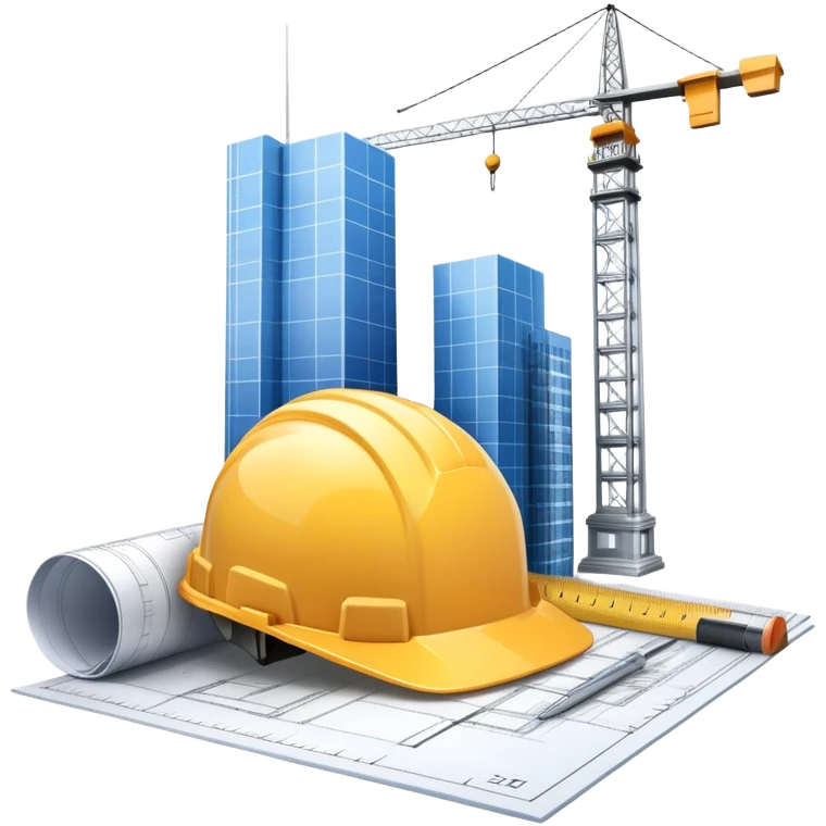 An icon featuring a blueprint, a hard hat, and construction tools, symbolizing architecture and construction. The design includes a ruler, building materials, and a skyscraper, representing the design and building process. Transparent background highlights the art and science of creating structures. emoji