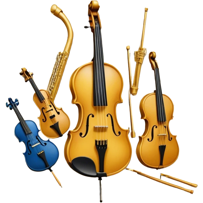 Create an artistic emoji that represents music arrangement and orchestration. The design should feature various orchestral instruments (drums, violin, electric guitar, synthesizer) and conductor's baton, musical scores. Incorporate flowing lines to represent harmony and orchestral balance, along with a subtle representation of sheet music. Use rich, classical colors like gold, silver, or deep blue, and create an atmosphere of sophistication and precision. The background should be transparent. emoji