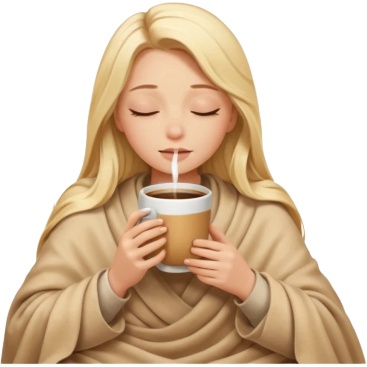 Blonde girl long hair inside a beige blanket sipping coffee eyes closed emoji