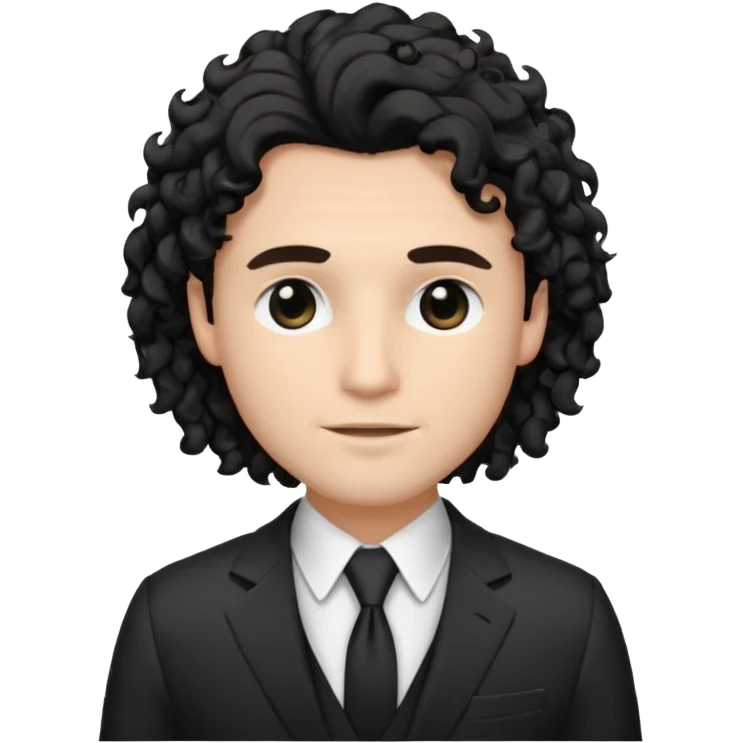 Cockasian guy with black long curly hair thats on his face and black eyes wearing a White simple suit guy  emoji
