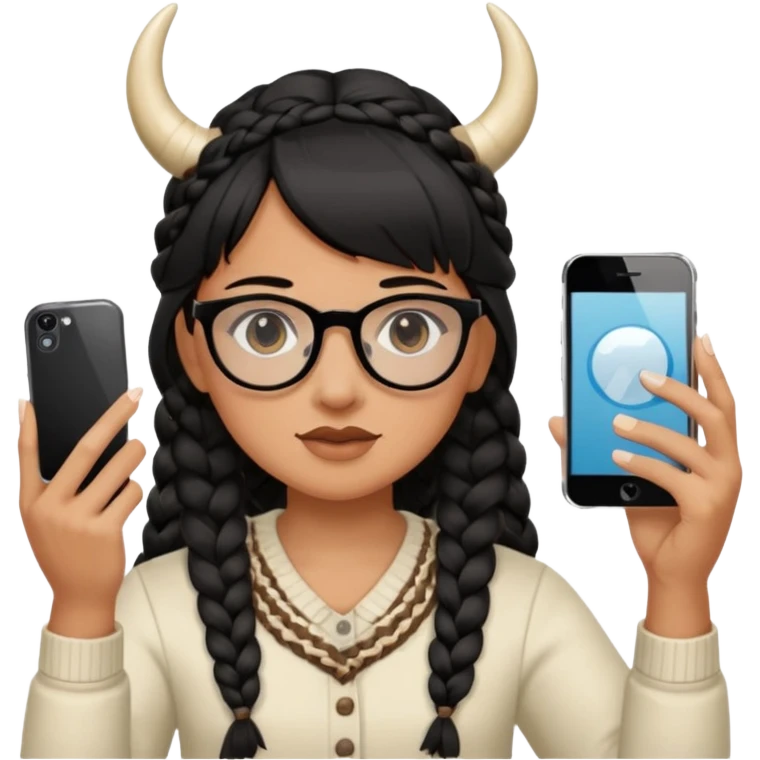 He has braid bangs on one side of his black hair, and he's wearing horn-rimmed glasses and taking a mirror selfie with his iPhone white color emoji